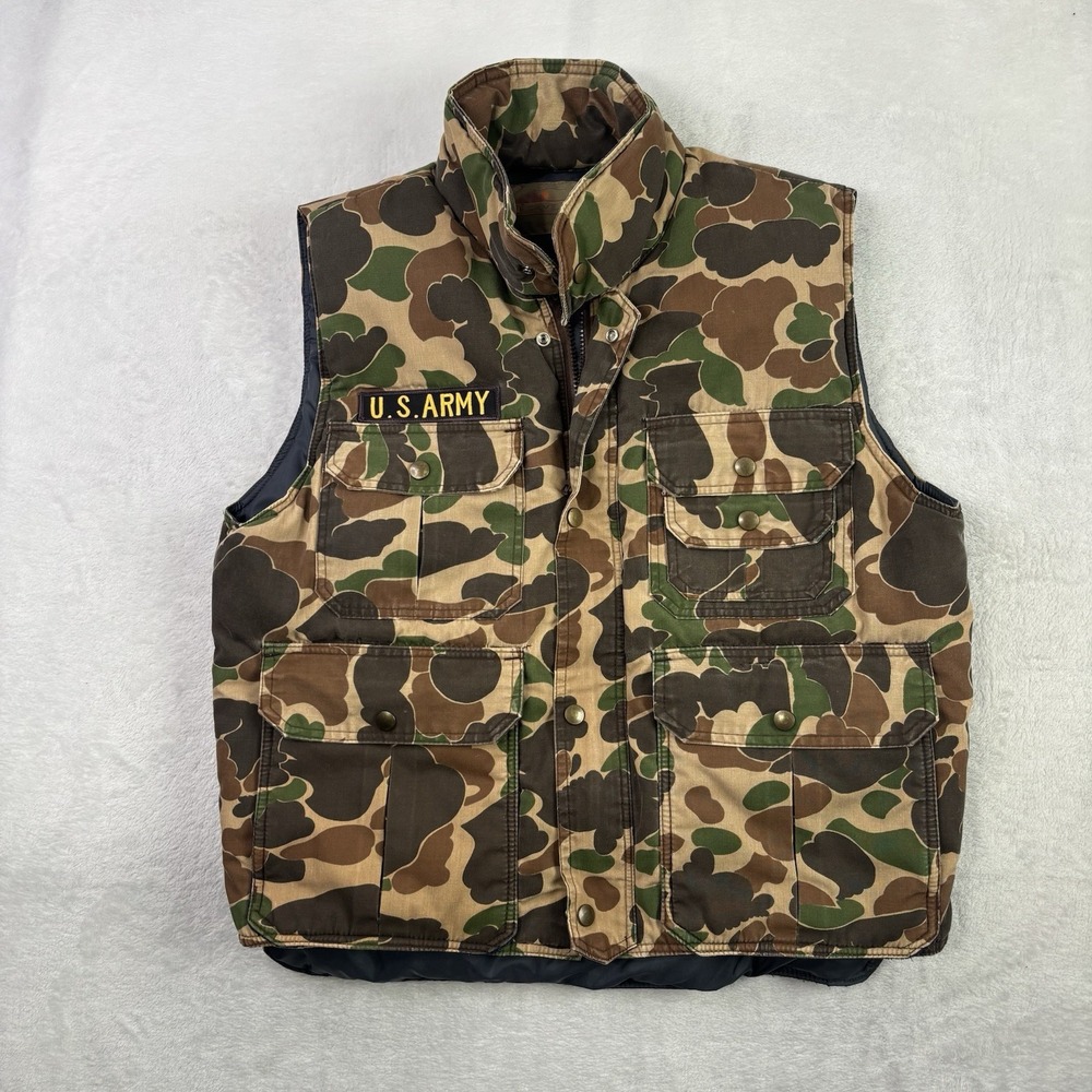 VTG Camel Goose Down US Army Duck Camouflage Sleeveless Puffer Vest Men's Large